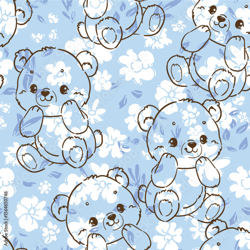 Hand Drawn Bear Pattern Seamless Cute Animal Blue Design Vector
