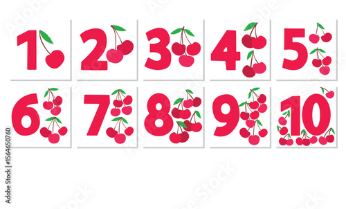 Hand Drawn Vector Cute Numbers with Cherries Educational Poster for Kids