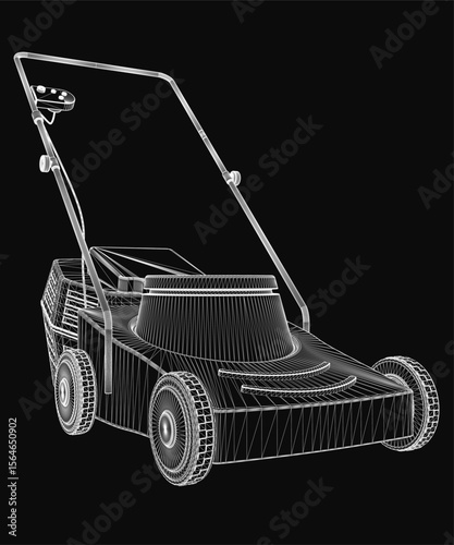 3D lawn mower model with intricate blueprint details, black handle, and blade against a deep black background. The realistic design highlights precise curves and lines