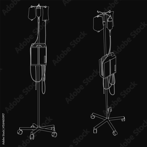 A black and white drawing of a blood bag connected to a medical stand on a dark background, likely used for storage and transport. The stand appears to be made of metal or plastic, with a dropper