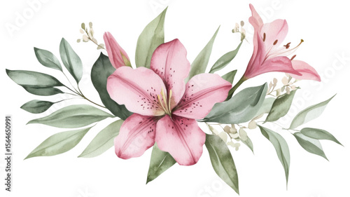 Title: Elegant Watercolor Floral Illustration Bouquet with Lush Green Leaves on White Background