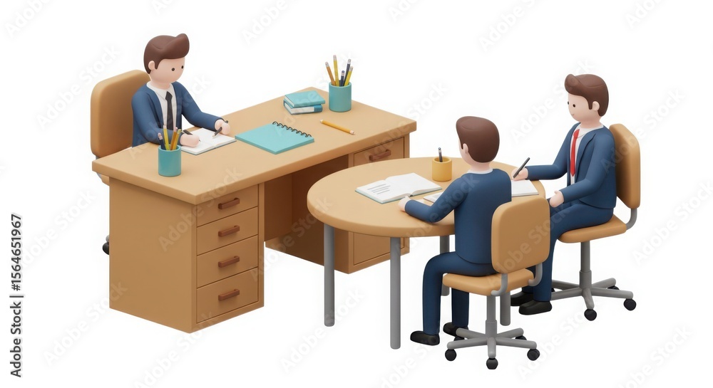 Obraz premium Illustration of business meeting with people at desks for presentation or interview concept design