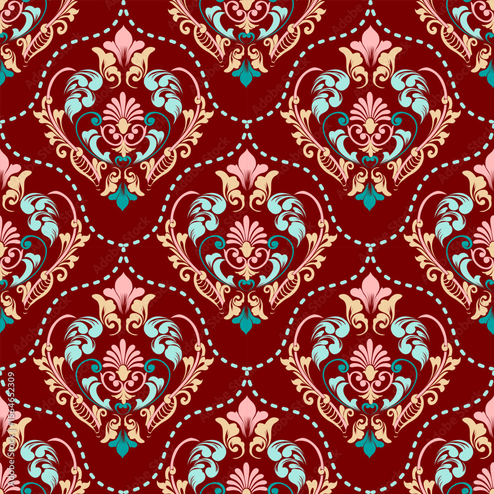 Fototapeta premium Seamless red damask pattern with detailed floral elements, ideal for classic and timeless design projects.