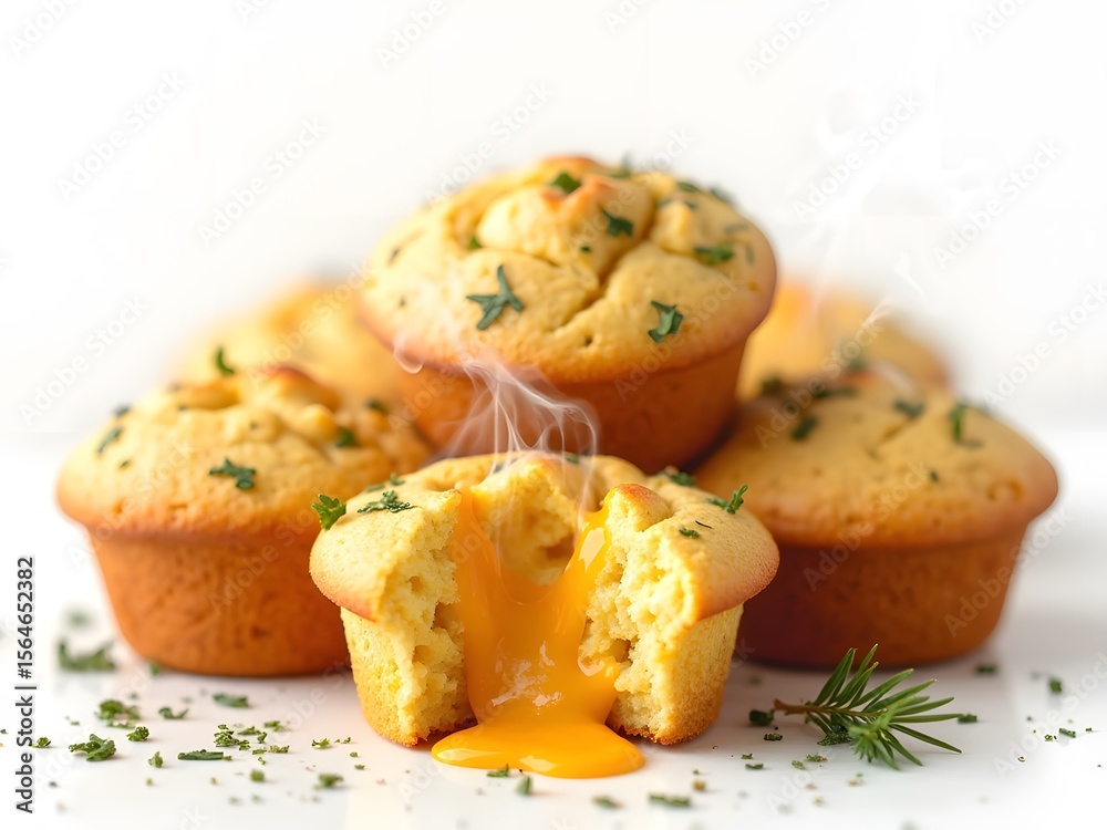 Fototapeta premium Savory Corn Muffins with Cheddar: Golden-baked savory corn muffins with melted cheddar cheese and herbs, served warm on a clean white background.