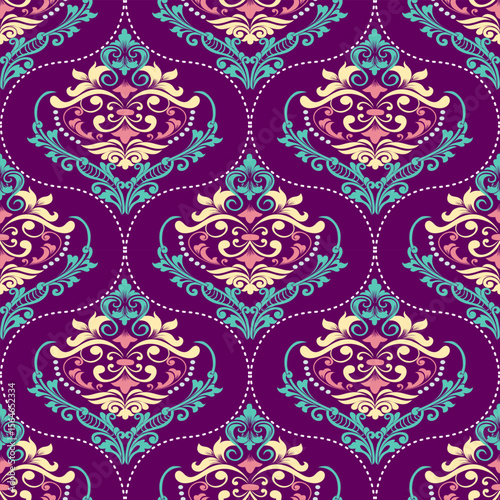 Seamless vintage damask pattern in purple and blue tones, suitable for sophisticated and artistic designs.