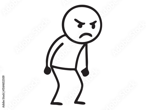 Black stick figure man with expressive emotions, angry cartoon doodle character isolated on white background. concept of humor, simple art, emotion, avatar, design element