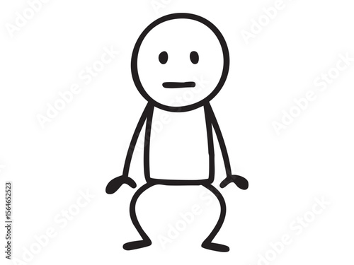 Black stick figure man in neutral pose with blank expression, cartoon line style drawing. Concept of apathy, boring emotion, passive mood, human character, isolated on white background
