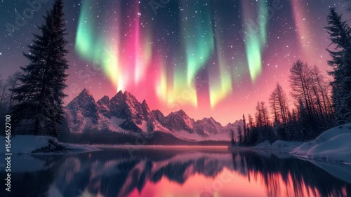 Northern light aurora glows above snowy mountain range and pine tree forest reflected in calm lake at night with starry sky creating magical winter reflection scene