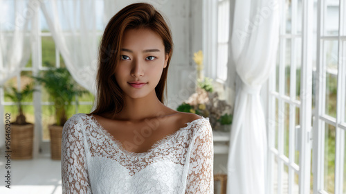 Young Japanese woman in white lace dress standing in bright room with natural light, serene and elegant atmosphere Free Download Young Japanese woman in white lace dress standing in bright room with natural light, serene and elegant atmosphere - GFXLoad