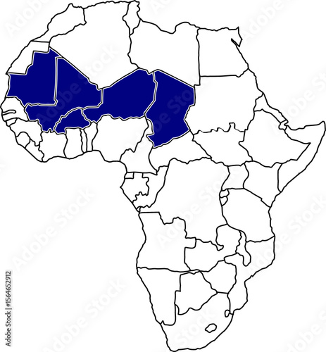 Map showing G5 Sahel member countries with borders only, ideal for security, development, regional cooperation, and educational use.

