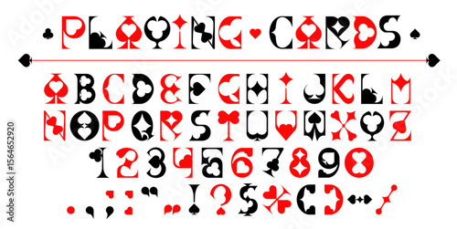 Casino game card suit font, poker typeface, gambling type, ace English alphabet, Vegas , typography letters, numbers and punctuation symbols with playing card suits hearts, spades, clubs and diamonds