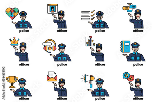 Set of illustrations of police and things in line art style