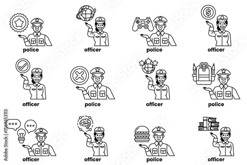 Set of illustrations of police and things in line art style