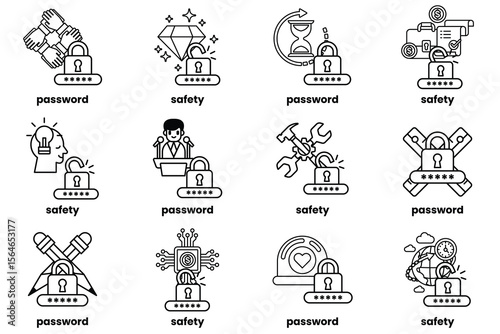 Set of illustrations of Password keys and stuff in line art style
