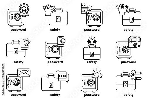 Set of illustrations of Business bags and safes in line art style