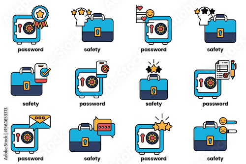 Set of illustrations of Business bags and safes in line art style