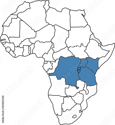 Map showing the African Great Lakes Region with country borders only, ideal for geography, environment, freshwater studies, and education use.