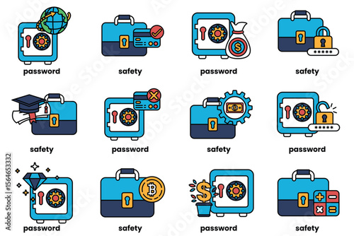 Set of illustrations of Business bags and safes in line art style