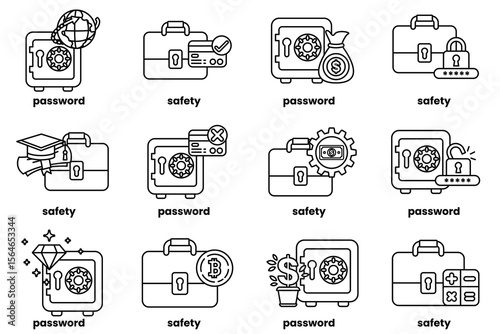 Set of illustrations of Business bags and safes in line art style