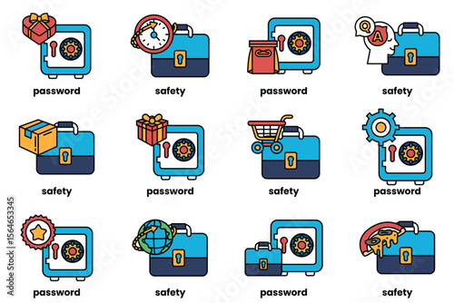 Set of illustrations of Business bags and safes in line art style