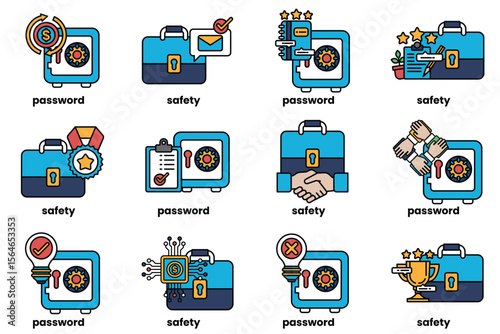 Set of illustrations of Business bags and safes in line art style