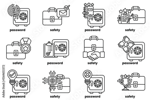 Set of illustrations of Business bags and safes in line art style