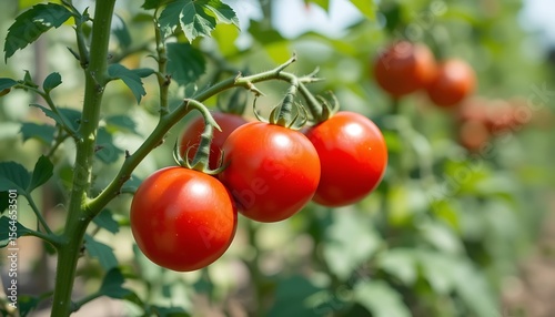 Close-up view of vibrant red ripe tomatoes growing on a lush green tomato plant in a sunny garden