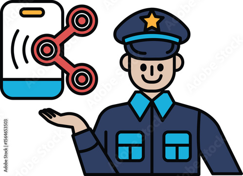 A man in a blue uniform is holding a cell phone and smiling