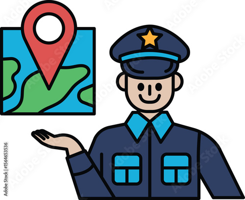 A man in a blue uniform is holding a map and pointing to a location