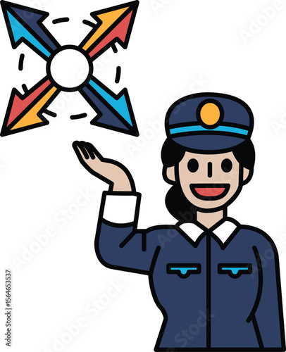A woman in a blue uniform is holding a ball and pointing to the sky