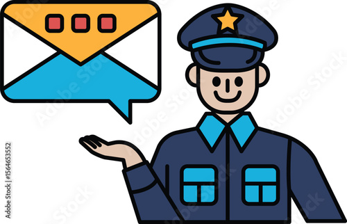 A man in a blue uniform is holding up an envelope with a smile on his face