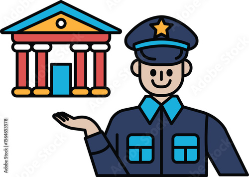 A man in a blue uniform is holding a building in his hand