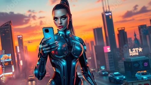 A sleek and powerful futuristic cyborg woman with intricately designed neon-lit cybernetic enhancements