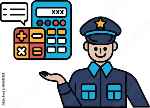 A man in a blue uniform is holding a calculator and smiling