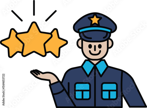 A man in a blue uniform holding up three stars