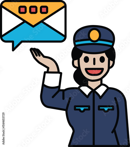 A woman in a blue uniform is holding up an envelope and smiling
