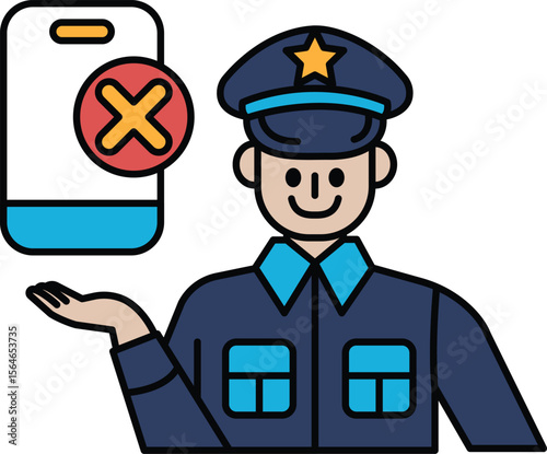 A man in a blue uniform is holding a cell phone with a red X on it