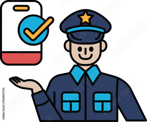 A man in a blue uniform is holding a cell phone and smiling