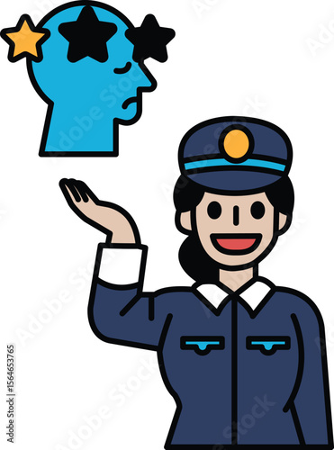A woman in a blue uniform is holding up a hand with a star on it