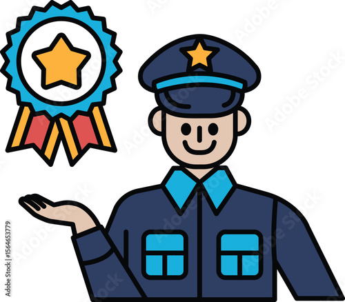 A man in a blue uniform holding a badge and a star