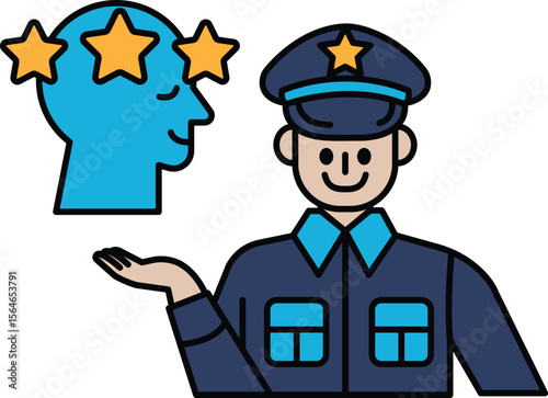 A cartoon of a man in a blue uniform holding up a head with three stars on it