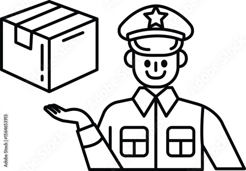 A man in a uniform is holding a box and smiling