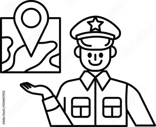 A man in a uniform is holding a map and pointing to a location