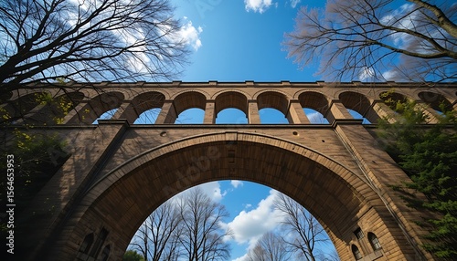 Low angle view of a majestic stone arch bridge under a vibrant blue sky with trees framing the scene