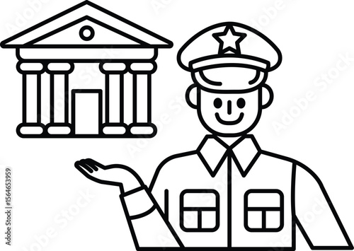 A man in a uniform is holding a hand up in front of a building