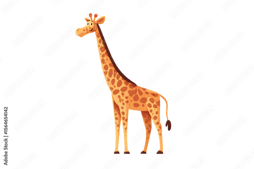 Fototapeta premium A Cheerful Cartoon Giraffe Standing Tall in the Savanna Isolated on transparent background, cutout 