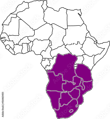 Map showing SADC member countries in Southern Africa with borders only, ideal for regional cooperation, development, and educational use.

