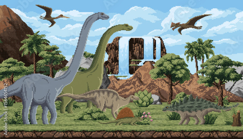 8 bit pixel art game prehistoric dinosaurs landscape. Vector arcade background, nostalgic retro gaming scene featuring ancient dino species, mountains, trees, plants, volcano and blue sky with clouds