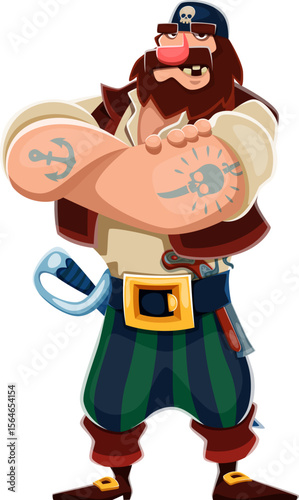 Cartoon pirate and corsair character, giant sailor with tattoos and sword. Isolated vector nautical fantasy personage has fierce expression, crossed arms and bold stance, ready for maritime adventure