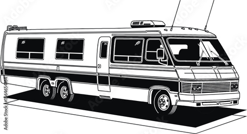 RV, travel trailer, camper, motor home, line art, black and white, illustration, recreational vehicle, fifth wheel, van camper, vintage RV 13